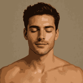 close up of a fit young man with smooth skin and a calm expression, eyes closed, standing against a soft beige background.