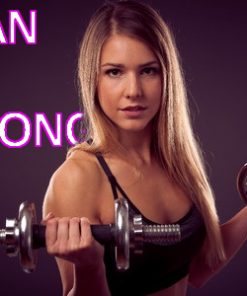 A fitness girl lifting dumbbells with a purple background