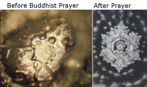 Two different water molecules changed from Buddhist prayer.